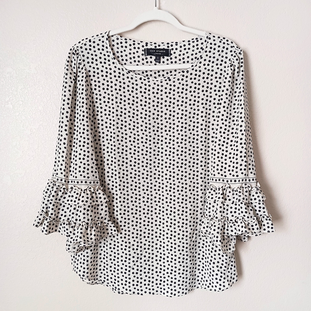 Max Studio London Polka Dot Print Ruffle Sleeve Tunic Blouse Top Small White